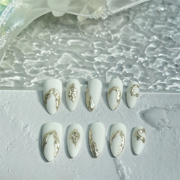 Qfdian 10pcs Almond Handmade Press on Nails White Foils Designed False Nails Manicure Artificial Short Full Cover Wearable Nail Tips